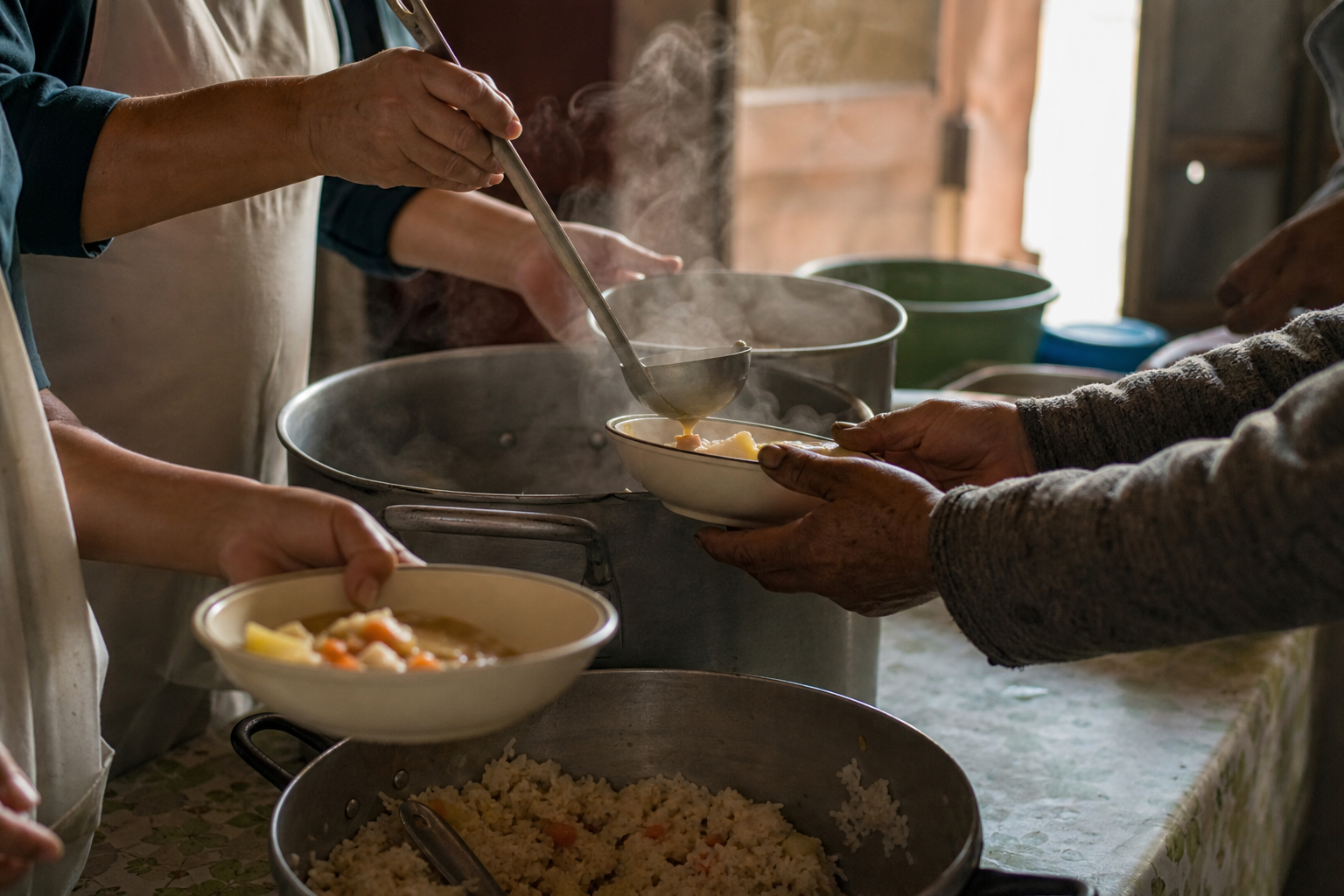 Manos de voluntarios sirviendo alimentos calientes en un comedor comunitario con luz natural